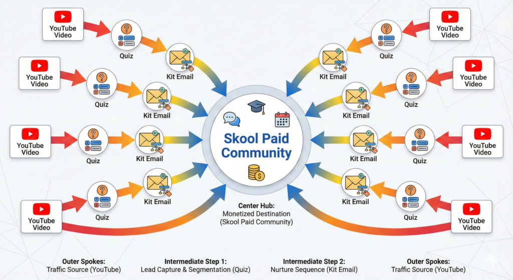Diagram showing a hub and spoke model of youtube videos feeding into quizzes, feeding into a Skool paid community