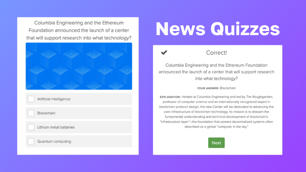 News Quizzes Cover Page with Example of a Trivia Style Question