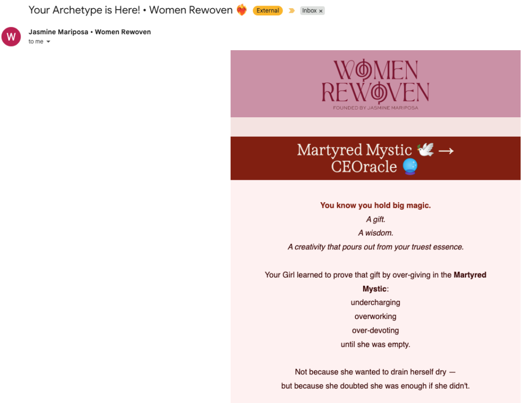 Jasmine Mariposa Archetype Quiz Results Email