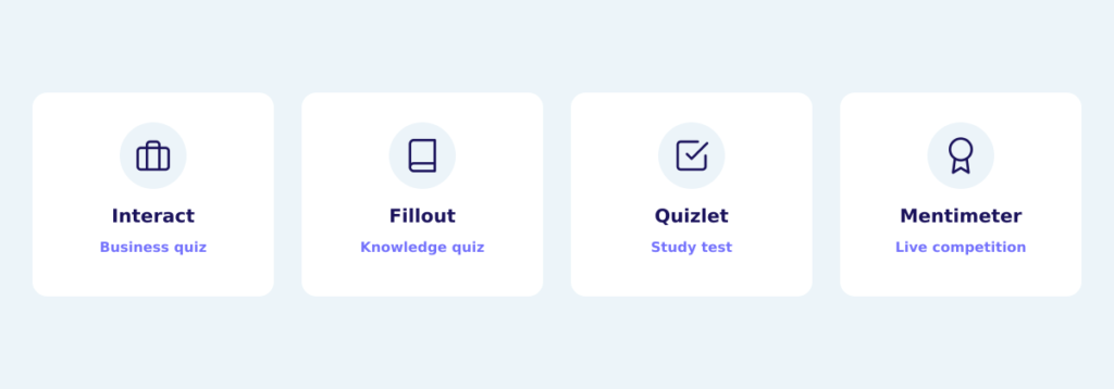 Four AI quiz makers shown beside their main jobs: business quiz, knowledge quiz, study test, and live competition