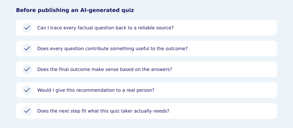 A human review checklist beside an AI-generated quiz draft