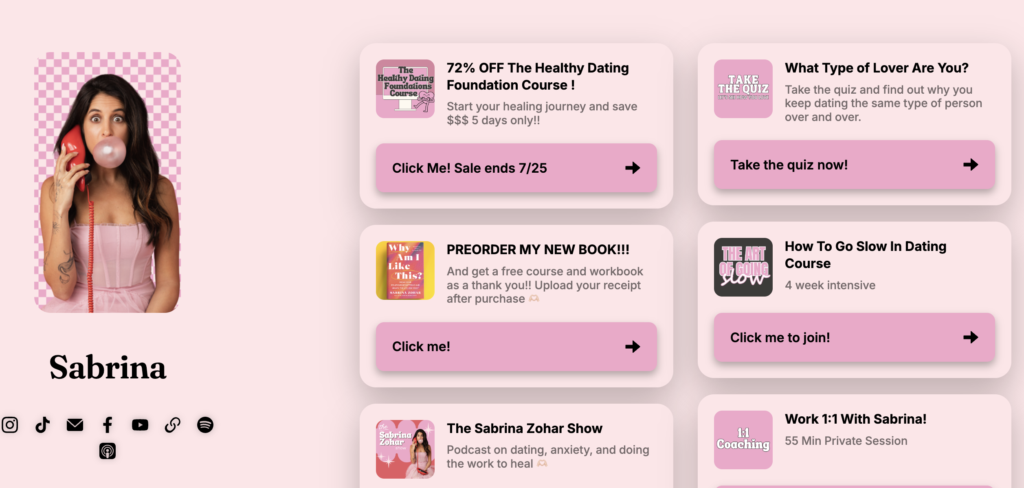 Sabrina Zohar's Instagram bio link hub showing her "What Type of Lover Are You?" quiz as a personalized guide alongside her course, book, and podcast links