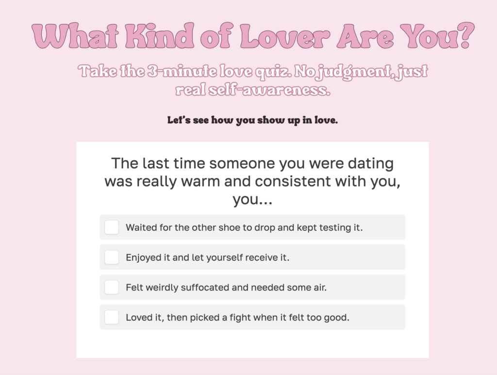 Sabrina Zohar's "What Kind of Lover Are You?" quiz landing page showing the 3-minute time promise and "no judgment, just real self-awareness" framing