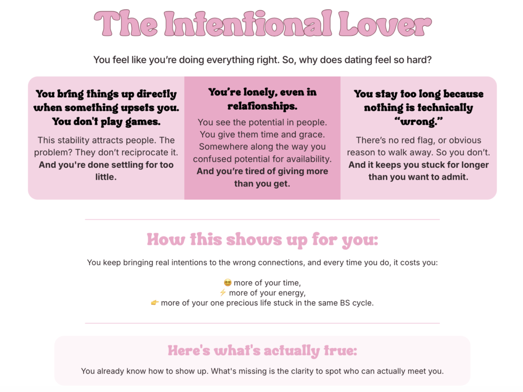 Sabrina Zohar's quiz result page for "The Intentional Lover" showing three columns describing relationship patterns and a "How this shows up for you" section below