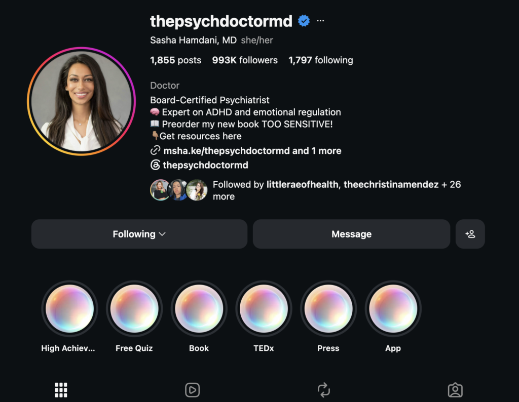 Dr. Sasha Hamdani's Instagram profile with 993K followers showing a "Free Quiz" Highlight and bio link labeled "Get resources here"