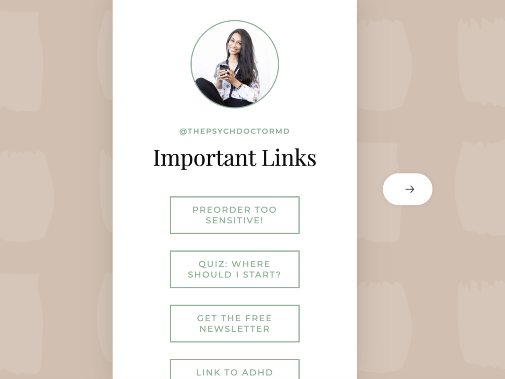 Dr. Sasha Hamdani's Instagram link in profile hub with her quiz and other resources