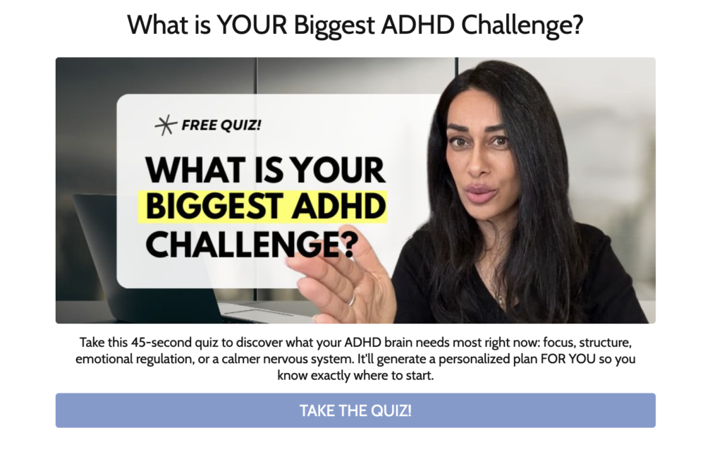 Dr. Sasha Hamdani's "What is Your Biggest ADHD Challenge?" quiz landing page with a 45-second time promise and personalized plan as the stated outcome