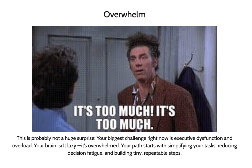 Dr. Sasha Hamdani's ADHD quiz result page for "Overwhelm" showing a Seinfeld meme and a plain-language explanation of executive dysfunction