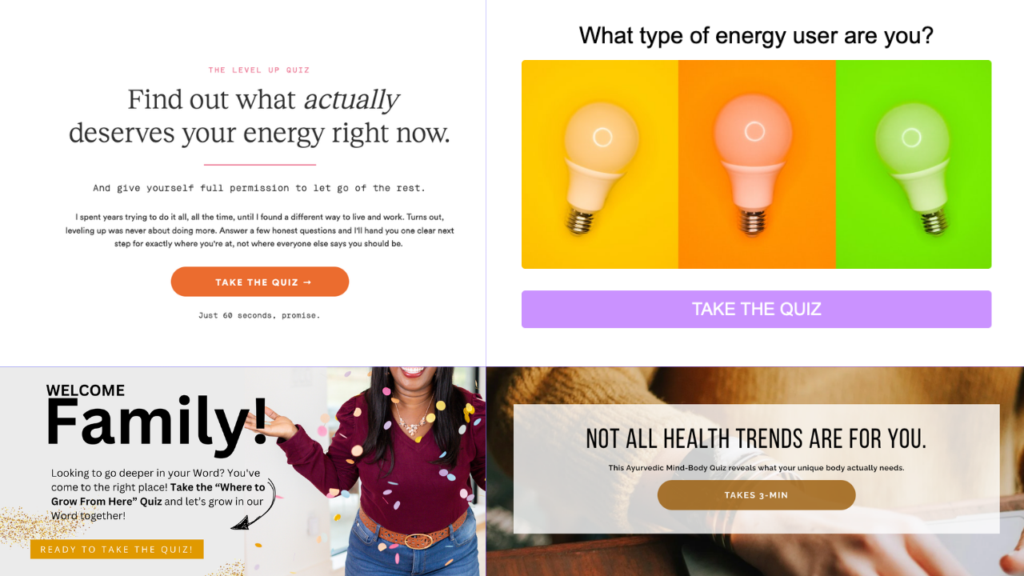 four-image collage featuring the Jenna Kutcher Level Up Assessment, Rachel G Scott Faith Assessment, Carly Banks Body Type Assessment, and Direct Energy Green Assessment