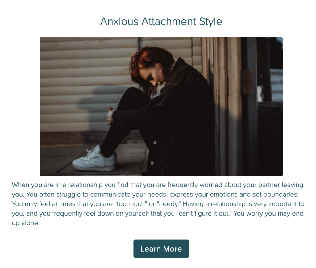 Personalized Attachment Style Quiz result with guidance.