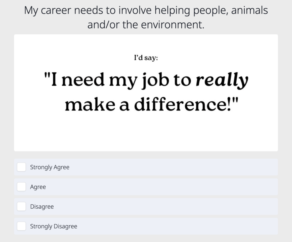 A quiz question from Advice with Erin's Career Type Quiz showing how she segments her audience using quiz questions