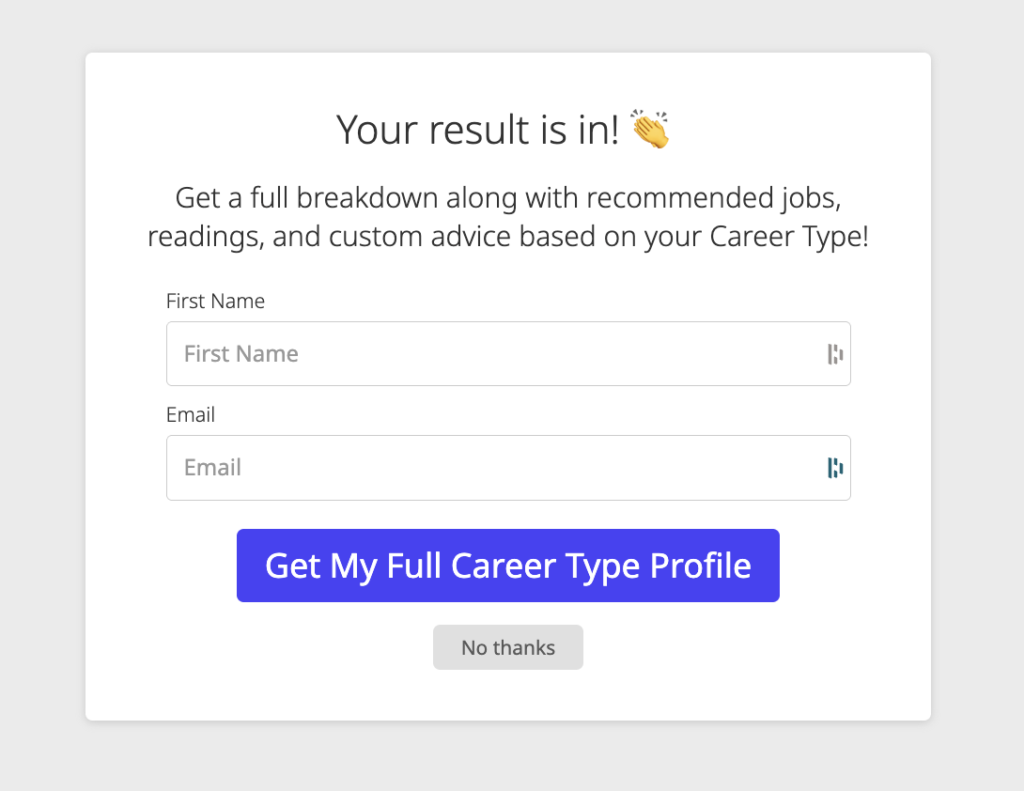 Advice with Erin's email opt-in for her lead generation quiz built with Interact