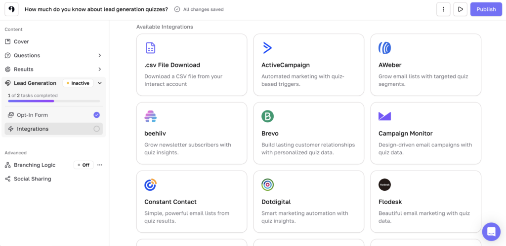 Connecting your quiz to integrations in Interact.