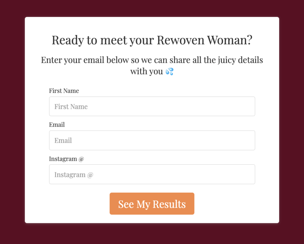 Email Opt-in from Jasmine Mariposa's lead generation quiz