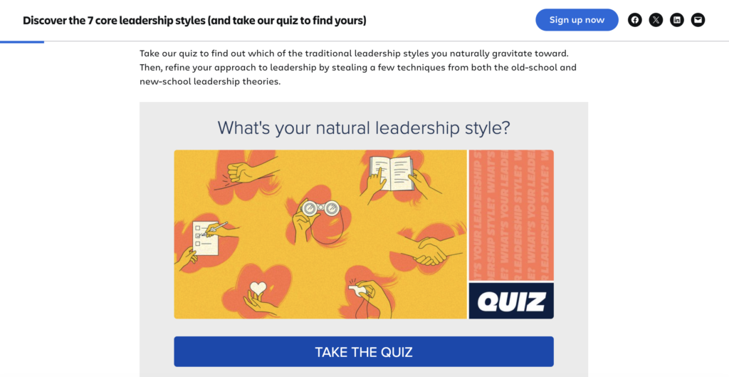 Atlassian leadership styles article with their quiz embedded inside of it.