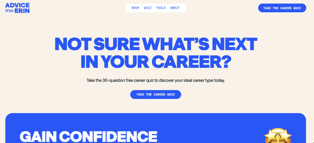 Advice with Erin's Career quiz displayed on her website.
