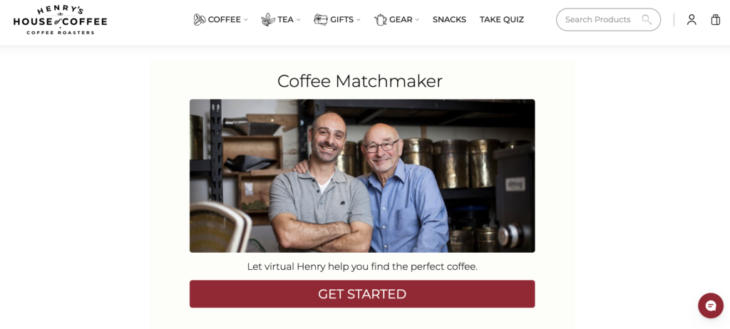 Henry's House of Coffee Matchmaker quiz displayed on their website to guide customers to the right coffee for them.