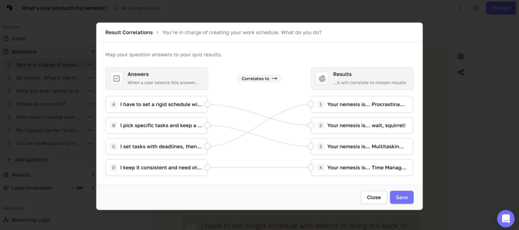 Personalized result paths for a question inside the Interact Quiz builder.