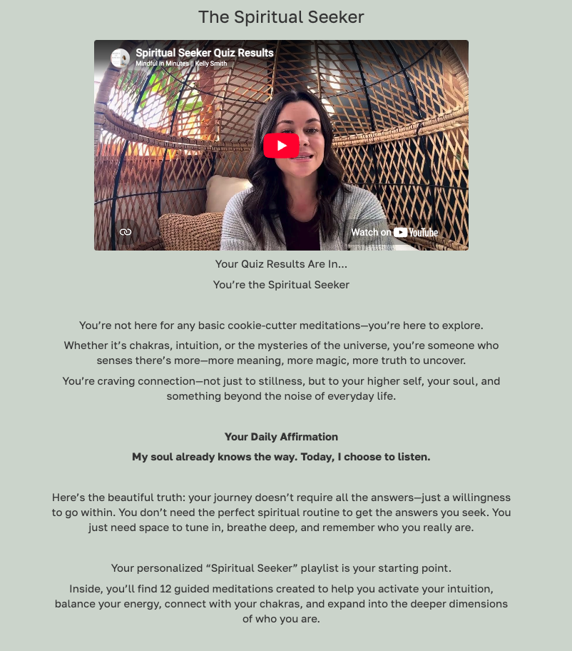 Kelly's quiz result page for the Mindful Morning Meditator quiz.