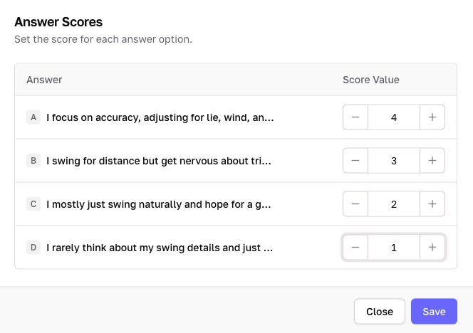 Screenshot of the Interact quiz builder showing scored logic and score ranges connected to outcomes