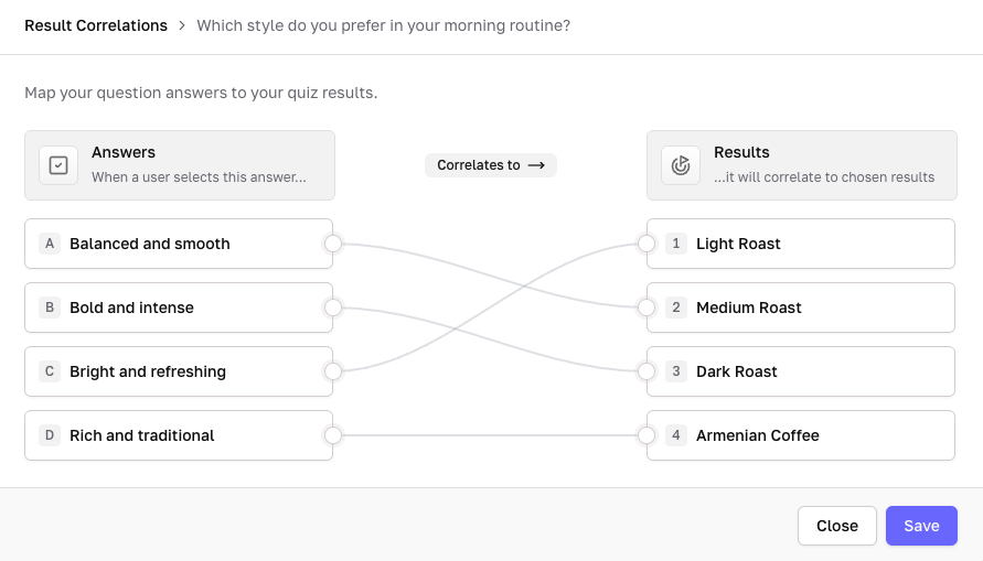 Screenshot of the Interact quiz builder showing answers correlated with different outcomes.