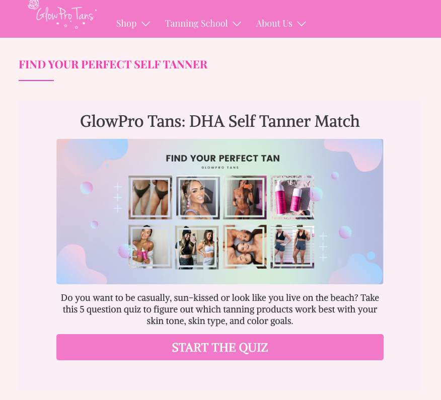Glow Pro Tans DHA Self Tanner Match quiz and product