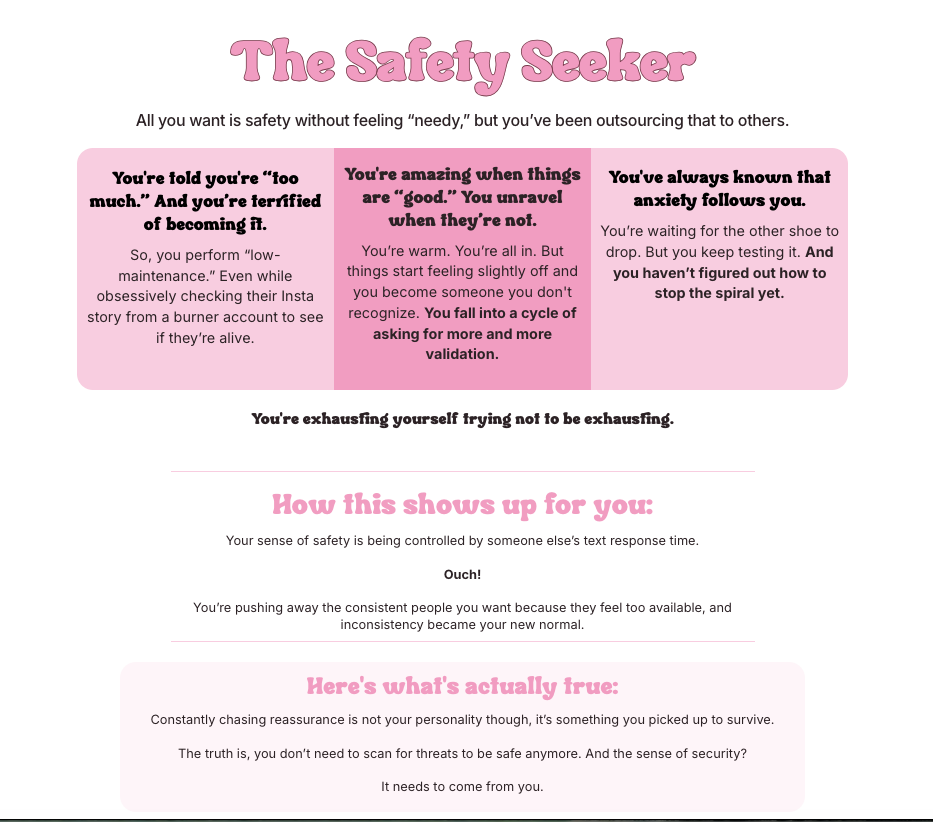 Sabrina Zohar archetype quiz showing the transition from identity-based result to next step