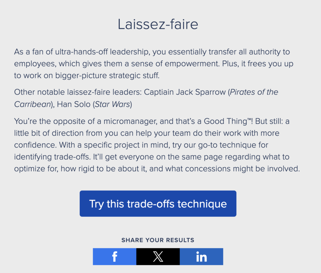Atlassian Leadership Style personalized quiz results