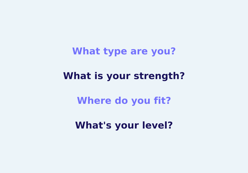 A centered graphic featuring the four framing questions: 'What type are you?' 'What is your strength?' 'Where do you fit?' and 'What's your level?