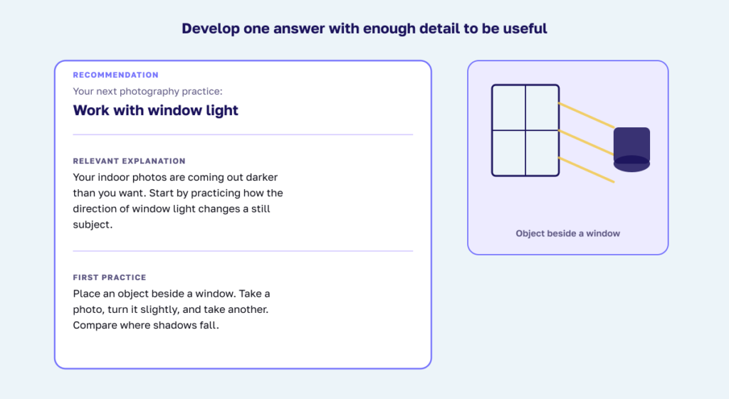 fictional window light outcome with annotations for recommendation, relevant explanation, and first practice. 