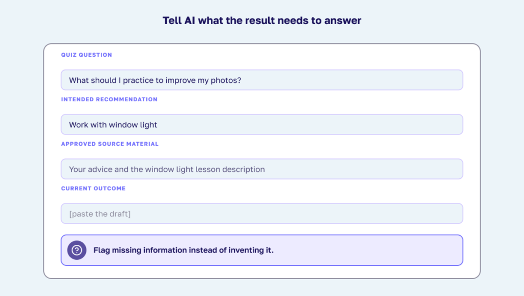 a labeled prompt mockup with the quiz question, intended recommendation, approved source material, and current outcome.