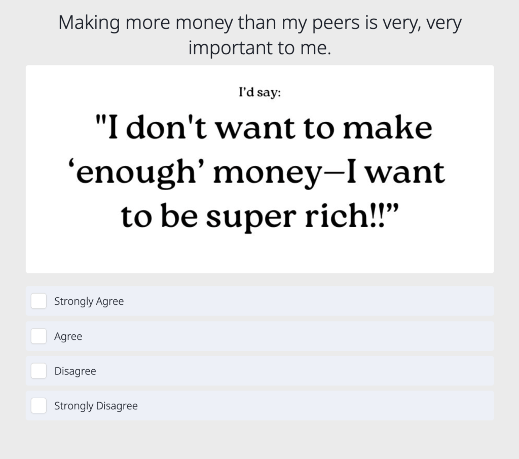 Screenshot of the Advice With Erin career quiz question about making more money than peers