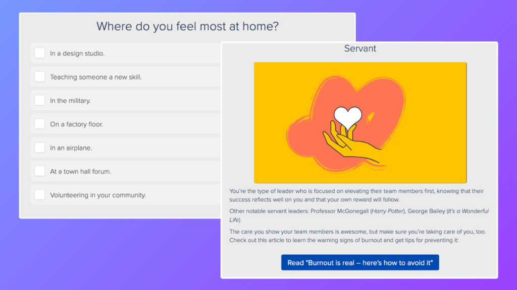 Atlassian’s What's your natural leadership style quiz question and result