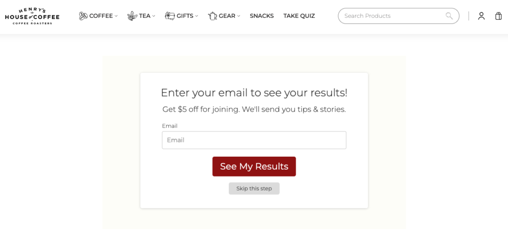 Henry’s House of Coffee quiz opt in form with discount.