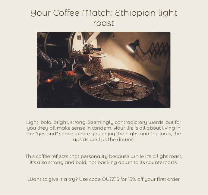 Illustrative coffee recommendation with an explanation and a relevant next step.