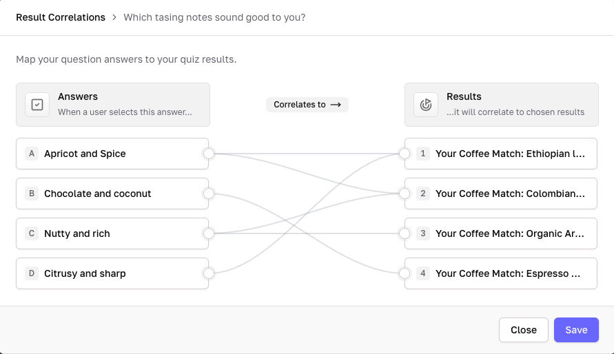 Quiz answer choices connected to the outcomes they help identify.