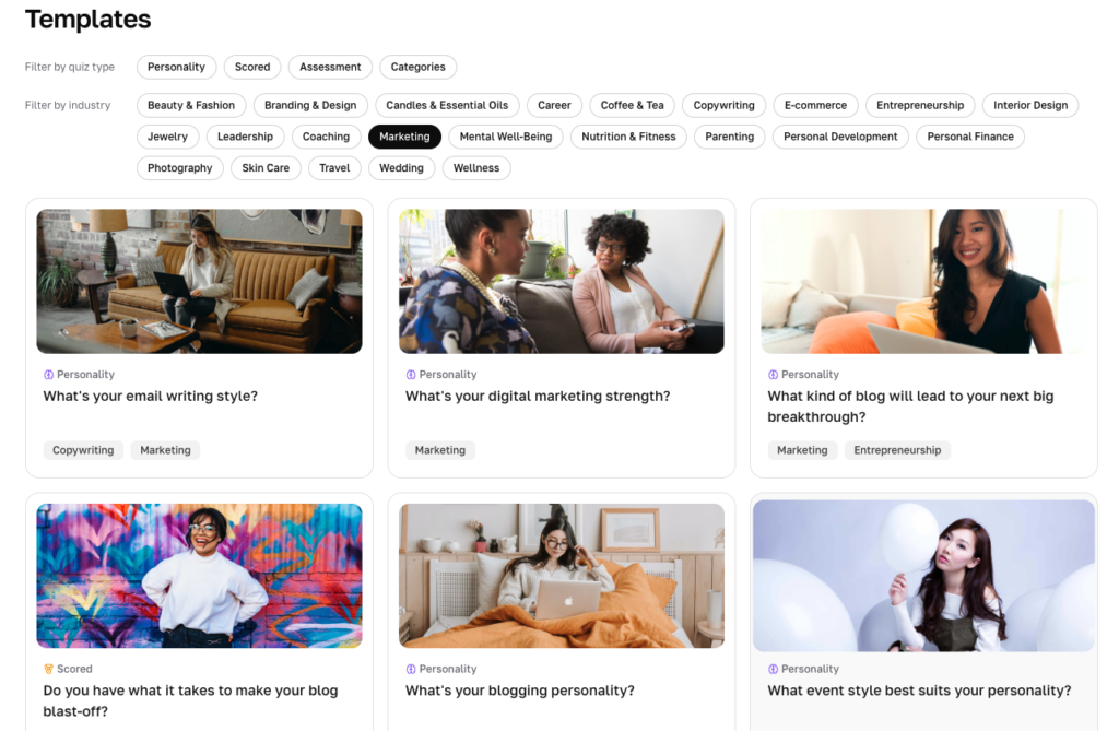 Several Interact quiz templates for similar businesses.