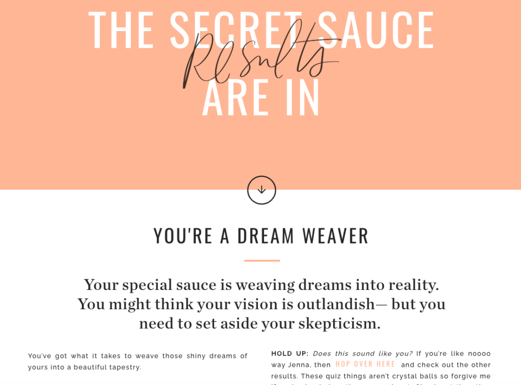 Jenna Kutcher's Secret Sauce Quiz results.