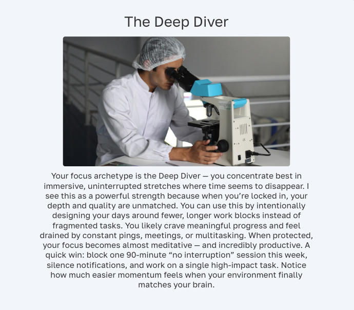 The "Deep Diver" quiz result, including the explanation and practical suggestions.